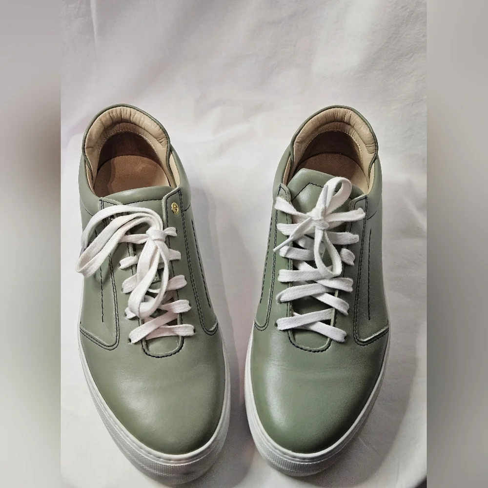 Pre-owned Want Les Essentials Women Leather Platform Sneakers Olive Green Sz 39